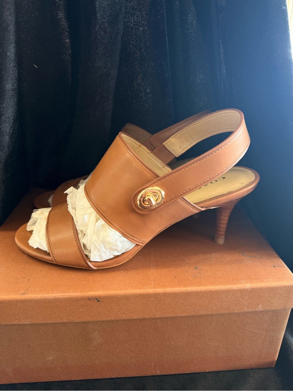 Coach Tan Leather Slingback Heels with Gold-Tone Accent